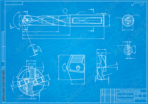 Mechanical engineering drawings on blue background. Drill tools, borer. Technical Design. Cover. Blueprint. Vector illustration.
