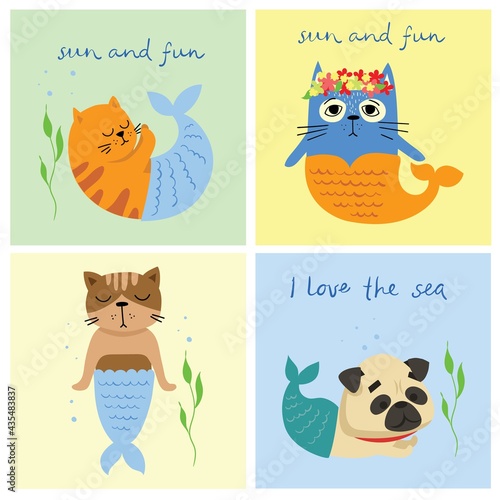 Cute puppy and kitten mermaid, vector doodle illustration for kids