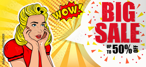 The final sale of the season. Discounts up to 50% percent. Advertising banner in pop art style. Girl blonde surprised. Vector. Illustration.
