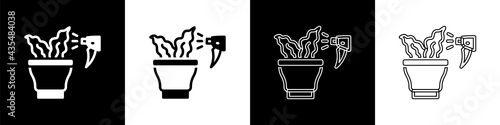 Set Spraying a house plant with a spray gun icon isolated on black and white background. Moistening of foliage. Care for home flowers. Vector