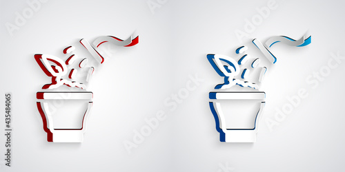 Paper cut Spraying a house plant with a spray gun icon isolated on grey background. Moistening of foliage. Care for home flowers. Paper art style. Vector