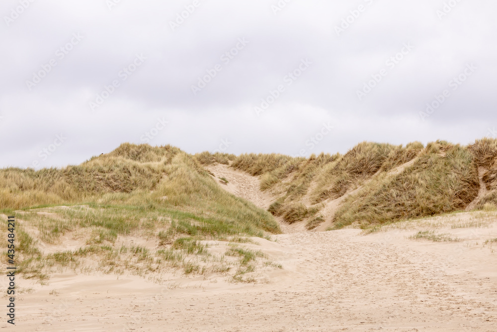 Coastal North sea Dutch dune landscape on overcast day with helm grass growing on the tops for firmness and footsteps crossing the landscape