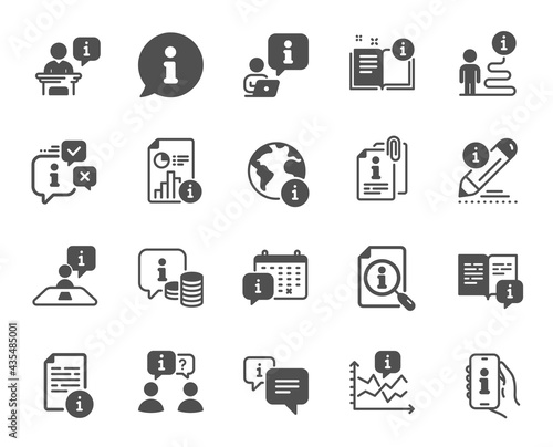 Info center icons. Reception information, Journey path, Guide book. Call center, Faq chat bubbles, Info help desk icons. Question mark, Search information and Customer help service. Vector