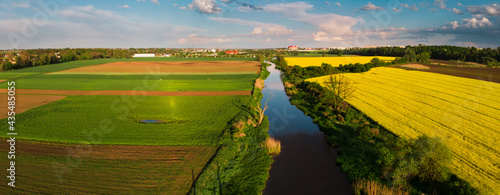 Rzeka Prosna wypływająca z Miasta Kalisz miedzy żółtymi polami rzepaku
