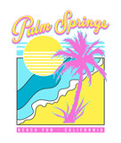 Palm Springs beach fun slogan print design with abstract beach sun and palm illustration in bright colors