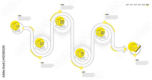 Infographic timeline with icons and 5 steps. Buying process with numbers. Infographics business concept. Online buying plan, presentation timeline, arrow path. Business journey process. Vector