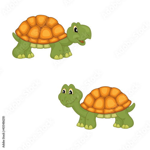 Cartoon illustration of land turtles. A reptile, slowly moving on short limbs, covered with a bony shell. 
