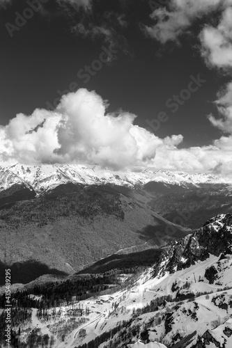 Beautiful snow-capped peaks of the Caucasus Mountains. Rosa Khutor Alpine Resort in Sochi. Krasnodar region. Russia.