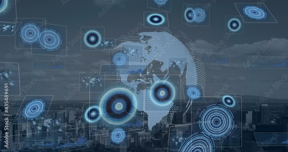 Composition of scopes scanning on screens over globe and cityscape Composition of scopes scanning on screens over globe and cityscape