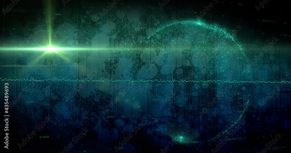 Composition of green light trail processing over glowing globe Composition of green light trail processing over glowing globe