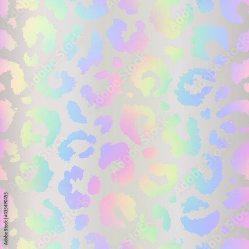 Hologram seamless pattern. Holographic animal texture. Iridescent background skin leopard, cheetah, panther or jaguar. Pearlescent color abstract design. Holography print. Rainbow gradient. Vector