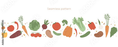 Seamless pattern with vegetables. Fresh food elements border. Gourd, celery, potato, carrot and seeds, chili pepper, tomato, broccoli, onion, salad leaves in frame design. Harvest objects