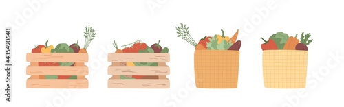 Set of isolated vegetables in basket and crates. Garden, farm ingredients templates for market, restaurant. Cabbage, tomato, potato, pepper, carrot, beet. Green celery and cucumber in wooden boxes