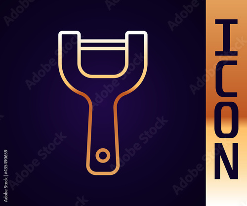 Gold line Vegetable peeler icon isolated on black background. Knife for cleaning of vegetables. Kitchen item, appliance. Vector