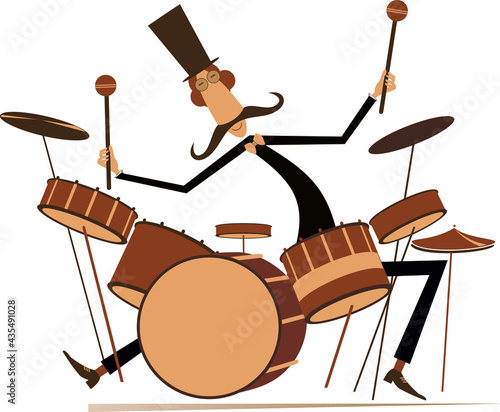 Funny mustache drummer isolated illustration.
Mustache man in the top hat plays on drum kit isolated on white illustration
