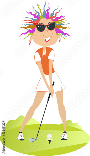 Young woman a golfer on the golf course illustration. Cartoon golfer woman in sunglasses aiming to do a good kick from the stand isolated on white
