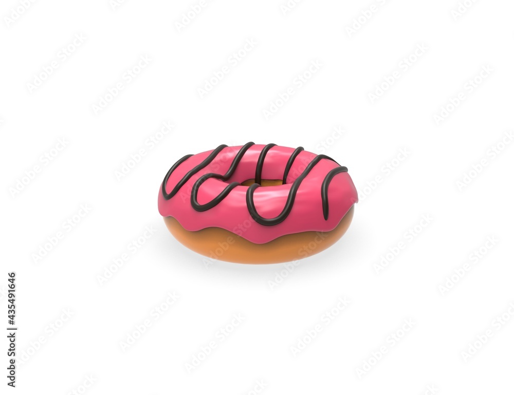 Donut in pink chocolate with icing. 3D render model isolated white background. Donut in pink chocolate with icing. 3D render model isolated white background.