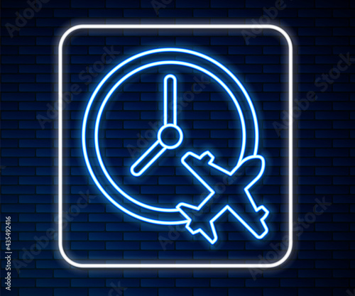 Glowing neon line Clock with airplane icon isolated on brick wall background. Designation of time before departure, check-in for flight and arrival time symbol. Vector