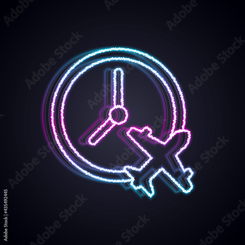 Glowing neon line Clock with airplane icon isolated on black background. Designation of time before departure, check-in for flight and arrival time symbol. Vector