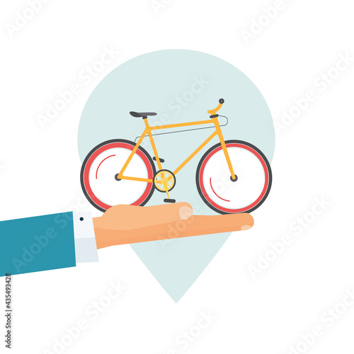 Rental bicycle icon or rent a bike place pin pointer and giving hand vector flat cartoon illustration, renting service or shop sign concept