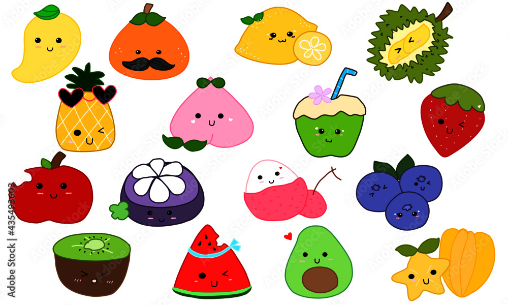 Collection of cute asian fruit cartoon vector on white background