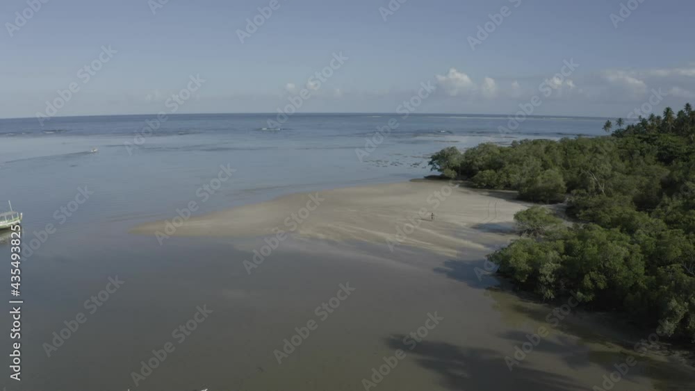 Vue aérienne avant de l'océan, bateau, des palmiers verts sur la plage, une personne à la plage.. Été à Praia MORERE Bahia, Brésil. Paysage tropical avec bateau, palmiers, sable, eau Vue aérienne avant de l'océan, bateau, des palmiers verts sur la plage, une personne à la plage.. Été à Praia MORERE Bahia, Brésil. Paysage tropical avec bateau, palmiers, sable, eau