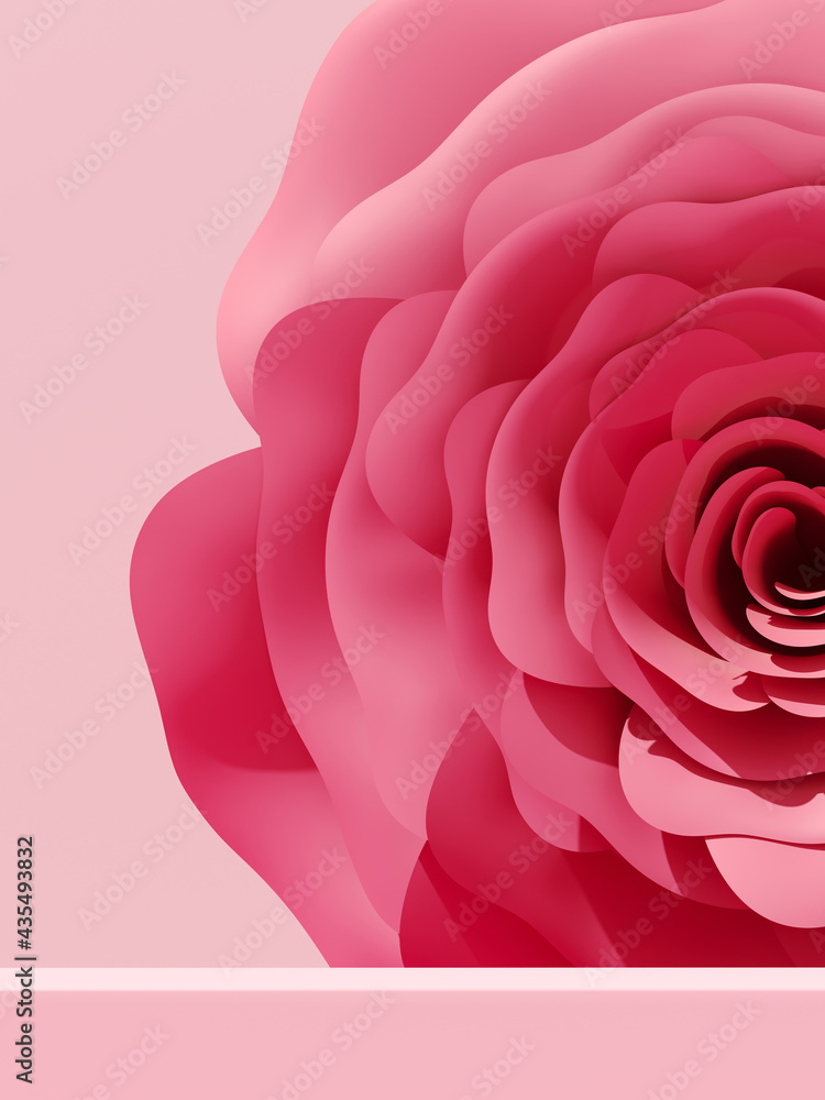 Summer mockup background for product presentation. Paper flower and podium on pink background. 3d rendering illustration. Clipping path of each element included. Summer mockup background for product presentation. Paper flower and podium on pink background. 3d rendering illustration. Clipping path of each element included.
