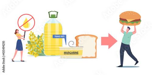 Stop Rapeseed Oil, Spread or Cholesterol Products. Unhealthy Trans Fats Eating, Tiny Character Put Margarine on Toast