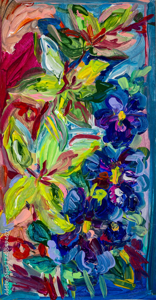 Acrylic or oil painting. Blooming blue flowers