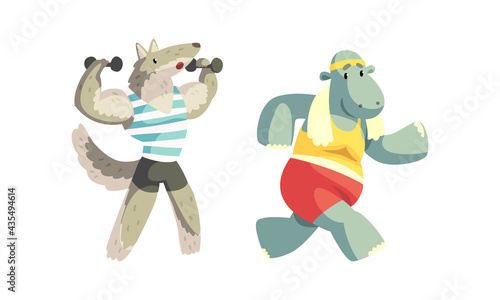 Cute Animals Wild Animals Doing Sports Set, Wolf Exercising with Dumbbells and Hippo Running Wearing Sports Uniform Cartoon Vector Illustration