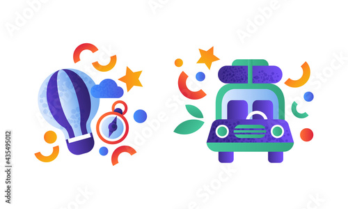 Camping Equipment Set, Vintage Van and Hot Air Balloon Flat Vector Illustration
