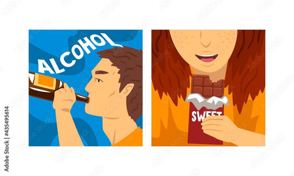 Bad Habits and Addiction Set, Alcohol and Sweets Dependence Cartoon Vector Illustration Bad Habits and Addiction Set, Alcohol and Sweets Dependence Cartoon Vector Illustration