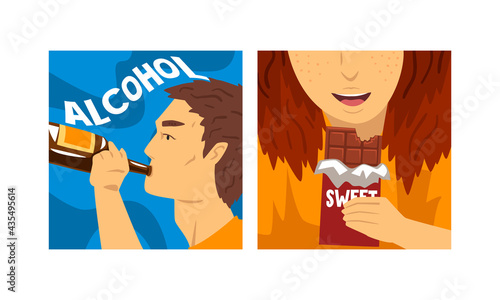 Bad Habits and Addiction Set, Alcohol and Sweets Dependence Cartoon Vector Illustration