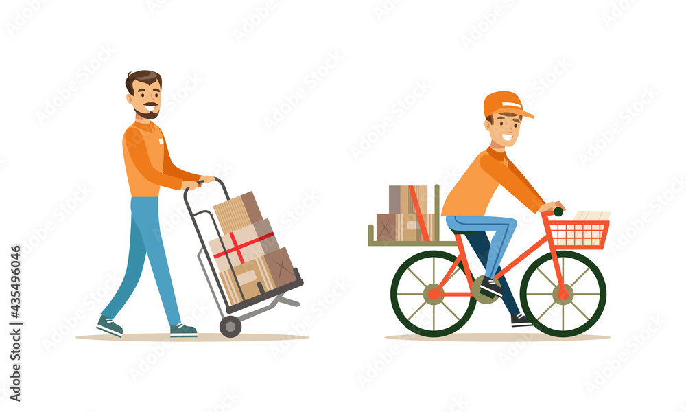 Male Courier Carrying Boxes Set, Delivery Men Characters in Uniform Delivering Parcels Using Cart and Bike Cartoon Vector Illustration Male Courier Carrying Boxes Set, Delivery Men Characters in Uniform Delivering Parcels Using Cart and Bike Cartoon Vector Illustration