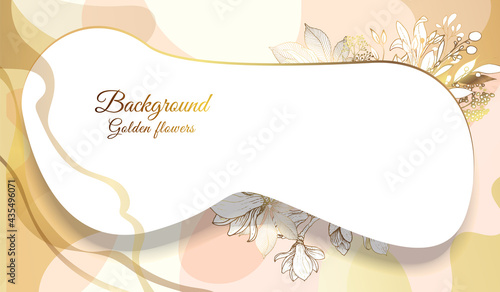Plants line gold. 3D paper cutout. Leaves and flowers from golden threads. Original frame with summer flowers in a modern style. Beige background. Vector illustration.
