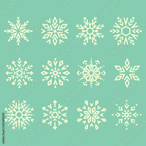 Snowflakes icon collection. Graphic modern white and green ornament