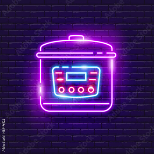 Multicooker neon sign. Glowing icon of kitchen appliances. Vector illustration for design. Cooking concept.