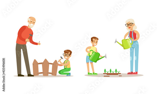 Grandparents Spending Time with Grandchildren Set, They are Repairing Fence and Watering Trees in the Backyard Grandson Cartoon Vector Illustration