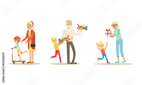 Grandparents Walking and Having Good Time with their Grandchildren Set Cartoon Vector Illustration