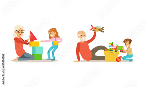 Grandparents Playing and Spending Time with Grandchildren Set Cartoon Vector Illustration