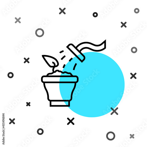 Black line Spraying a house plant with a spray gun icon isolated on white background. Moistening of foliage. Care for home flowers. Random dynamic shapes. Vector