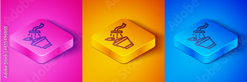 Isometric line Spraying a house plant with a spray gun icon isolated on pink and orange, blue background. Moistening of foliage. Care for home flowers. Square button. Vector