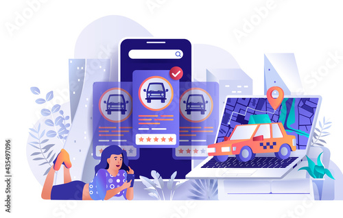 Taxi booking concept in flat design. Woman orders car