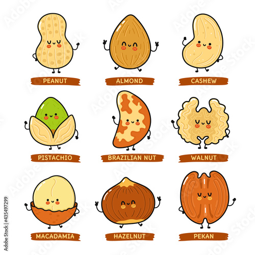 Funny cute happy Nuts characters bundle set. Vector kawaii line cartoon style illustration. Cute Nuts mascot character collection