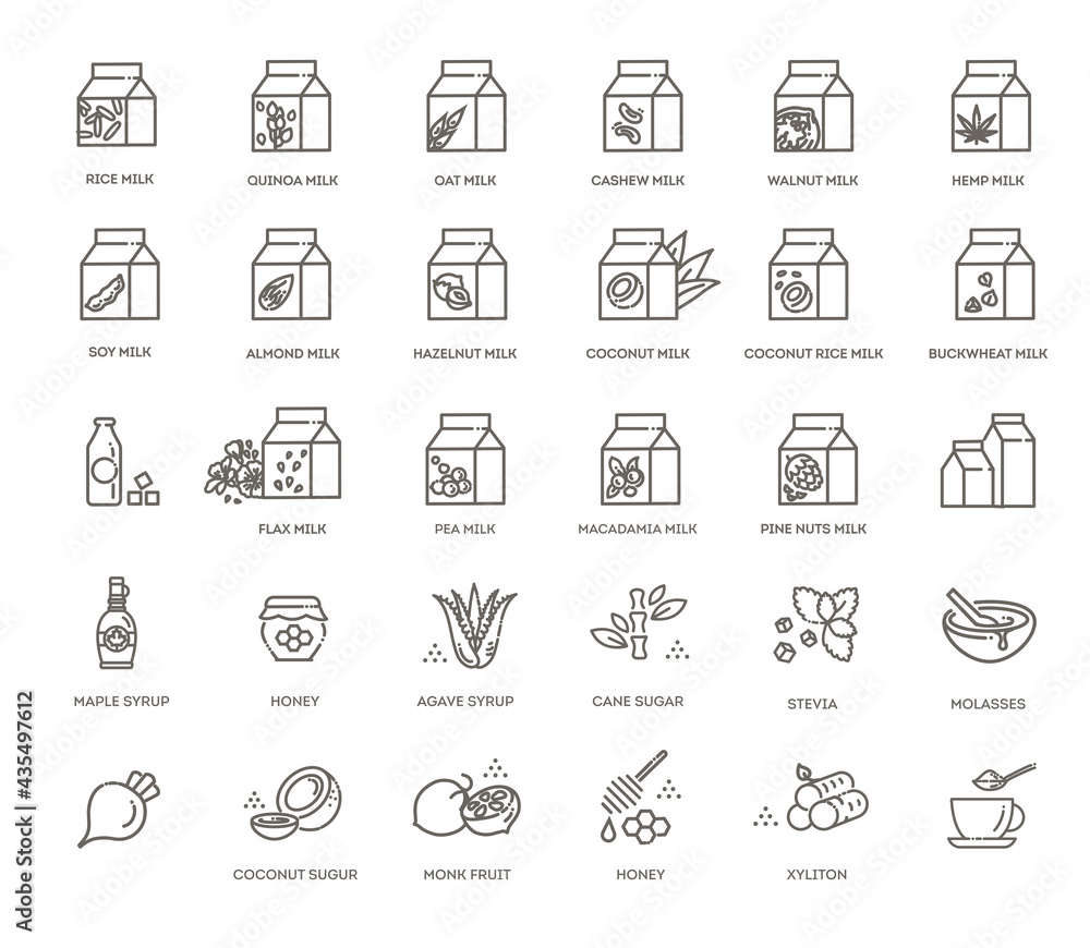 Vegan milk and Alternative sugar. vegetable milk simple thin line icon set vector illustration Vegan milk and Alternative sugar. vegetable milk simple thin line icon set vector illustration