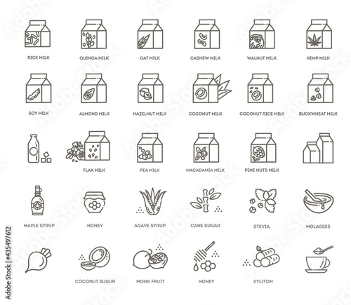 Vegan milk and Alternative sugar. vegetable milk simple thin line icon set vector illustration
