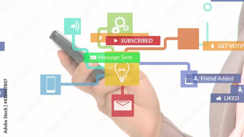 Animation of social media text on banners with digital icons over man using smartphone Animation of social media text on banners with digital icons over man using smartphone