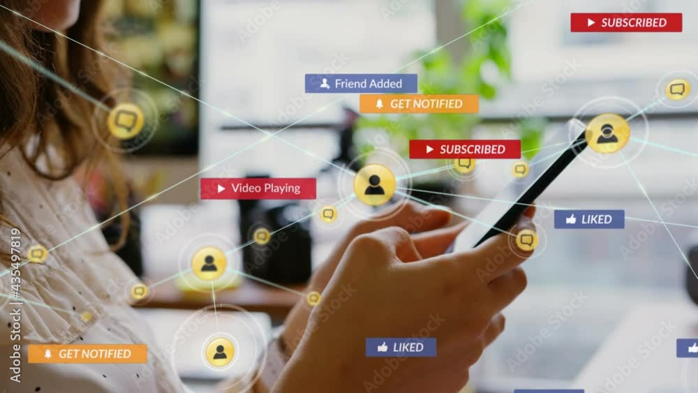 Animation of social media text on banners with digital icons over woman using smartphone