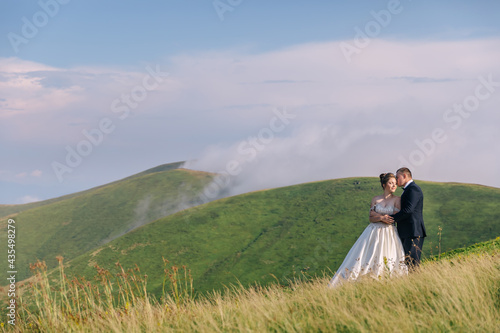 Walk along the mountain lawn. Carpathians in the background. Newlyweds on their wedding day. © Ivan