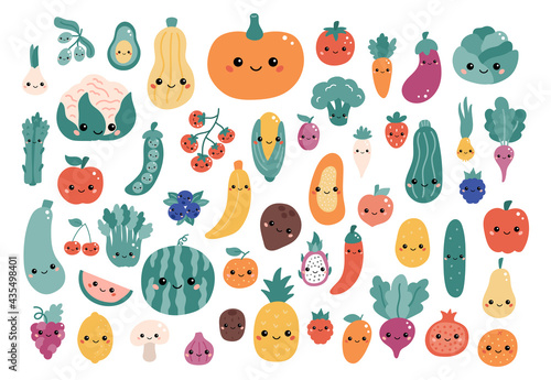 Vector set of kawaii cartoon vegetables and fruits with funny faces. Hand drawn doodle food character for children. Flat style illustration.